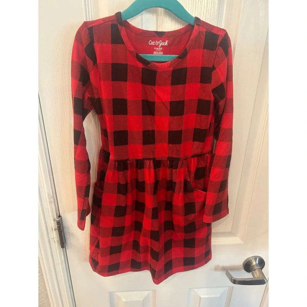 Cat & Jack Dress Red Black Buffalo Plaid Long Sleeve Pocket Holiday Kids S 6/6X